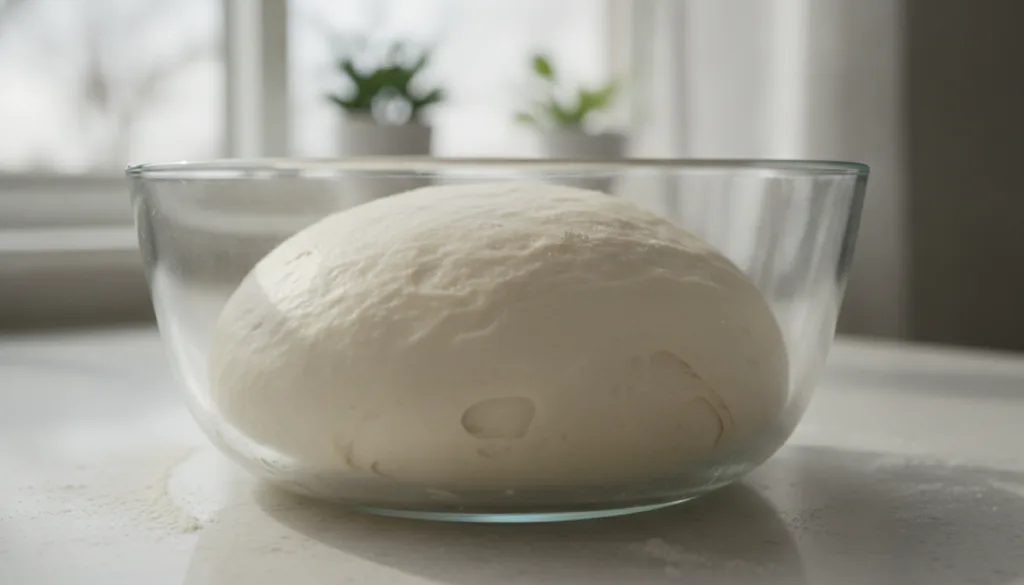 A perfectly risen smooth ball of basic white bread dough in a large clear glass bowl showcasing its airy texture with a 