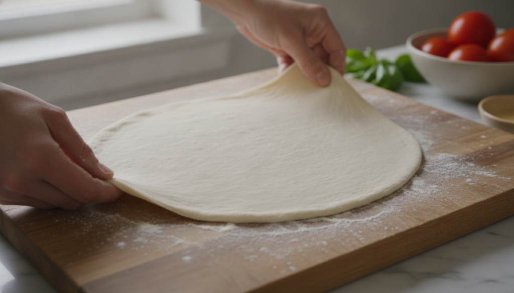 A round of freshly made pizza dough on a wooden board lightly floured and ready for toppings with hands slightly pulling