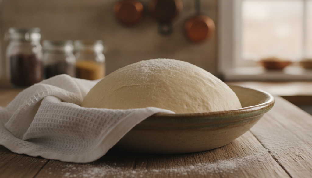 A ball of soft slightly sticky cinnamon roll dough resting in a floured bowl covered with a kitchen towel in a warm kitc