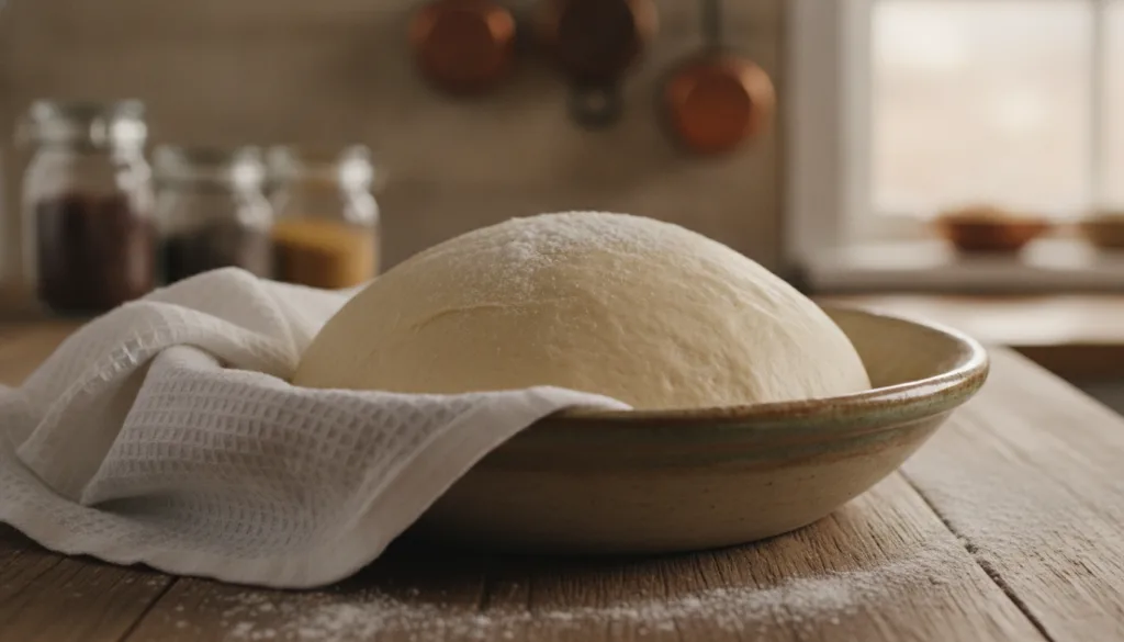 A ball of soft slightly sticky cinnamon roll dough resting in a floured bowl covered with a kitchen towel in a warm kitc