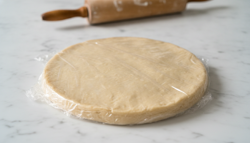 A disc of raw unbaked pie crust dough wrapped in plastic wrap showing visible flecks of butter resting on a marble surfa