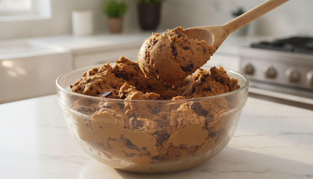 A bowl of creamy unbaked chocolate chip cookie dough with visible chocolate chunks with a wooden spoon scooping a portio
