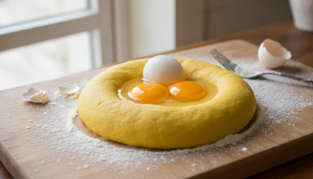 A mound of fresh yellow pasta dough on a floured wooden board with a well in the center holding cracked eggs ready for m