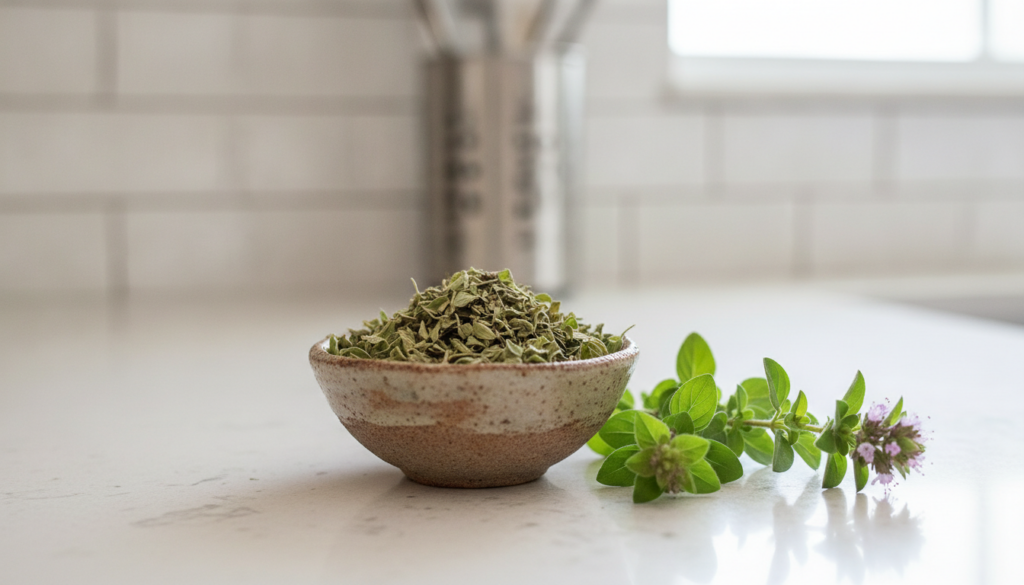 Dried oregano leaves in a small ceramic bowl on a light background with a sprig of fresh oregano beside it emphasizing b