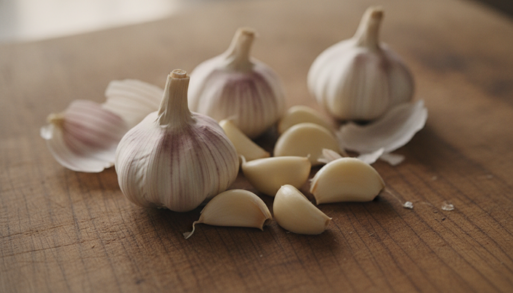 Close-up of fresh garlic cloves some peeled on a rustic wooden cutting board with a soft focus background to highlight i
