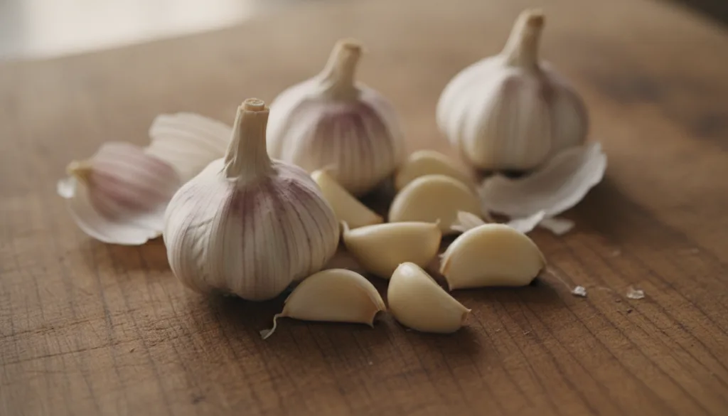Close-up of fresh garlic cloves some peeled on a rustic wooden cutting board with a soft focus background to highlight i