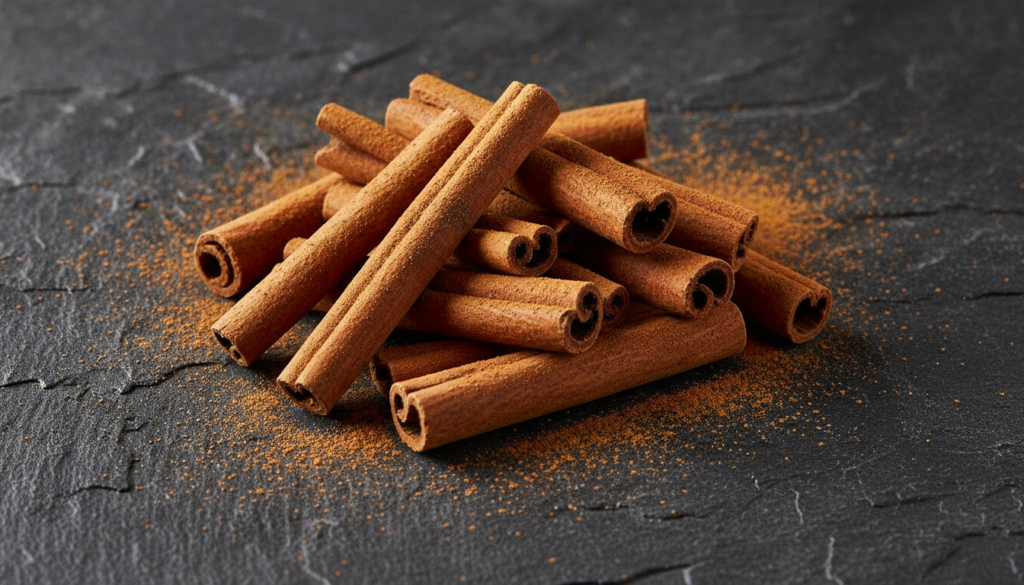 Cinnamon sticks piled together with a sprinkle of ground cinnamon on a dark textured surface highlighting its rich color