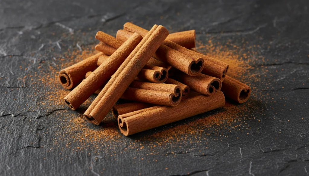 Cinnamon sticks piled together with a sprinkle of ground cinnamon on a dark textured surface highlighting its rich color