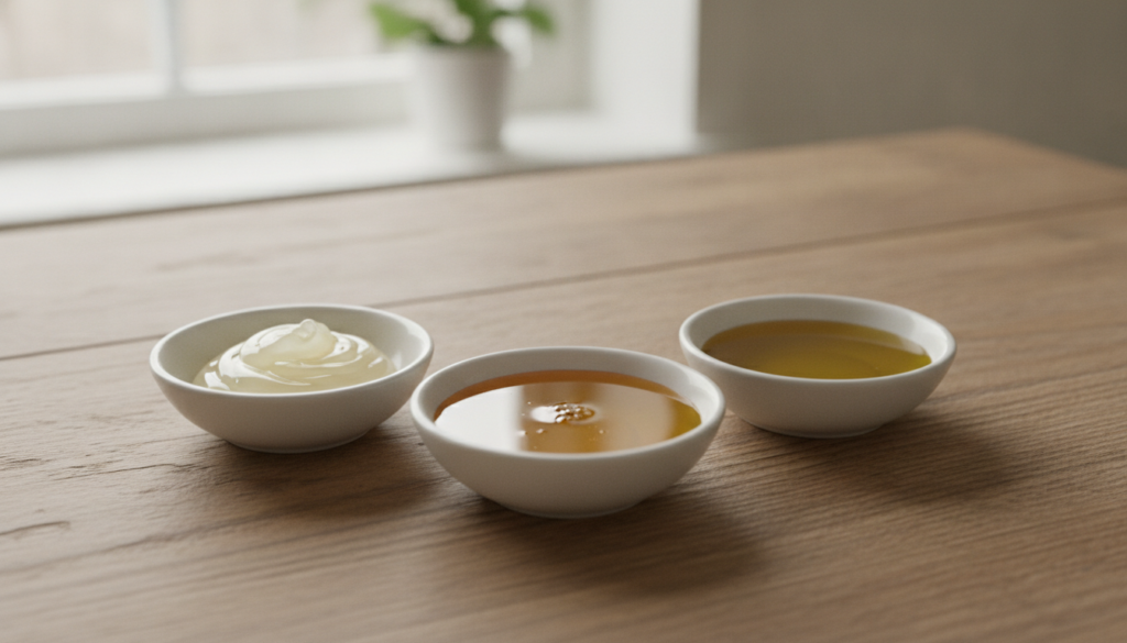 Three small bowls on a wooden table each containing one of the main ingredients Vaseline raw honey and extra virgin oliv