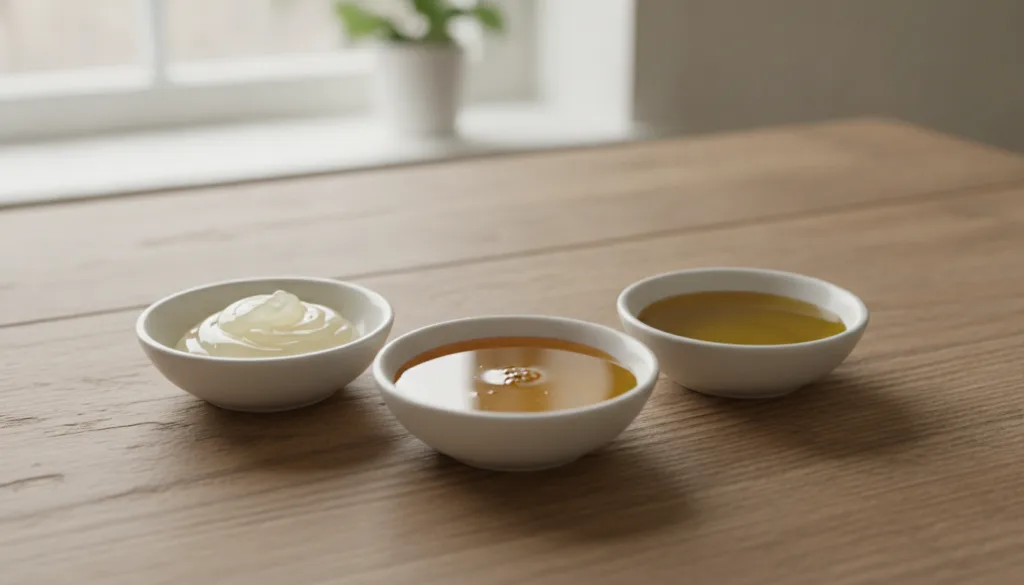 Three small bowls on a wooden table each containing one of the main ingredients Vaseline raw honey and extra virgin oliv