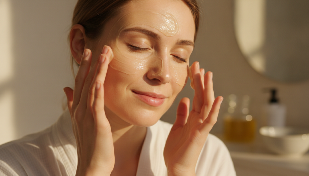 A woman gently applying a thin layer of the creamy Vaseline honey and olive oil mixture to her clean face focusing on ar