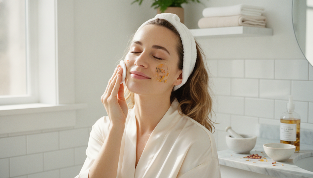 A woman gently patting her face with a cotton pad soaked in a homemade toner showing clear healthy skin in a well-lit ba