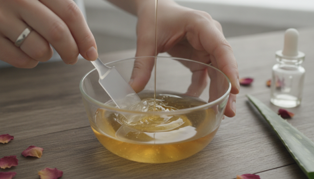 Close-up of hands mixing ingredients in a glass bowl with a small spatula The ingredients include clear Vaseline a golde