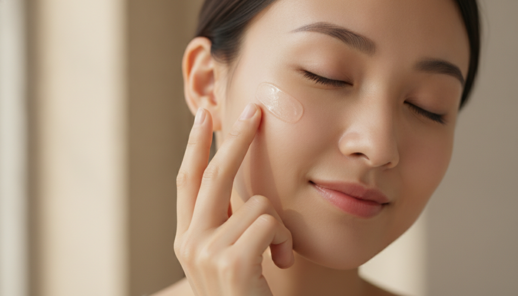A woman gently patting a small amount of clear glow gel onto her cheek demonstrating the application of the product for 