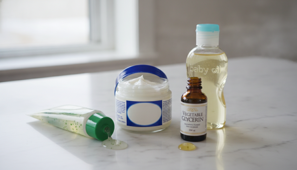 Individual ingredients for the Vaseline glow gel laid out a jar of Vaseline a bottle of baby oil a tube or container of 