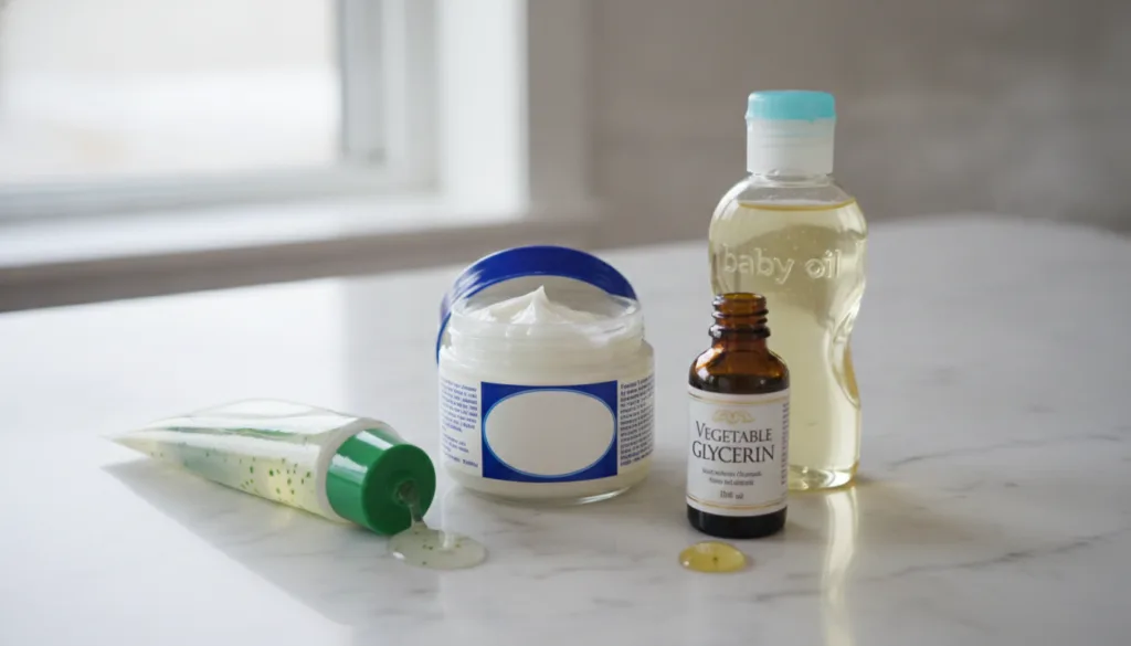 Individual ingredients for the Vaseline glow gel laid out a jar of Vaseline a bottle of baby oil a tube or container of 