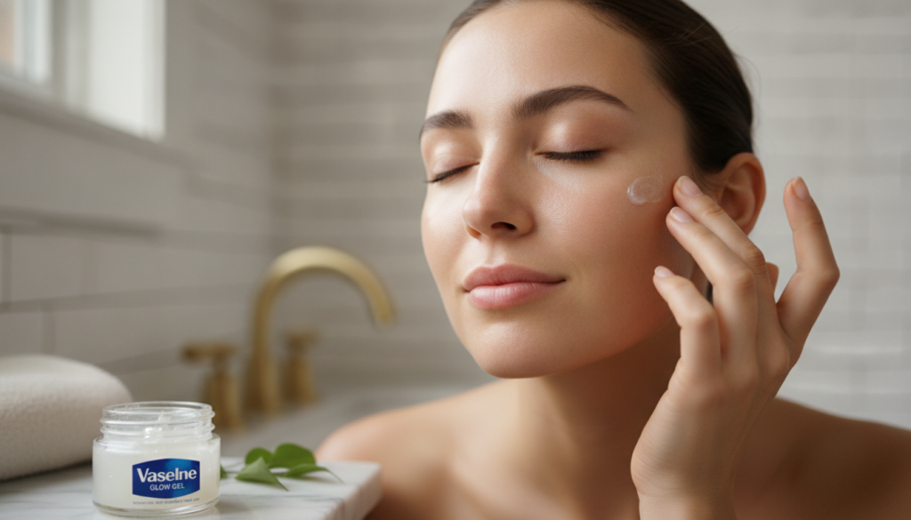 A woman gently applying the homemade Vaseline glow gel to her face focusing on the soft hydrated look of her skin