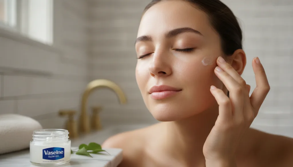 A woman gently applying the homemade Vaseline glow gel to her face focusing on the soft hydrated look of her skin