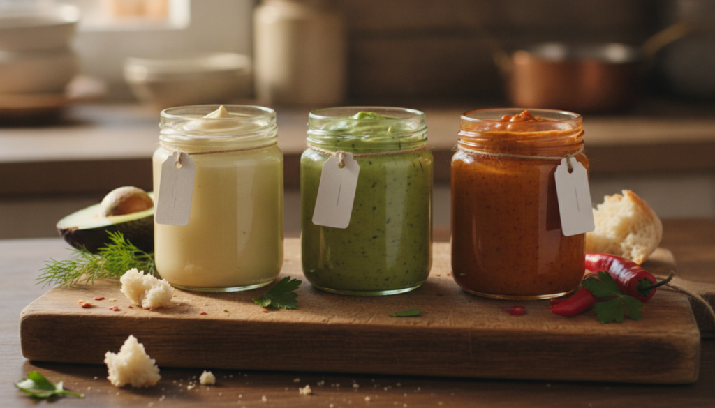 Three small glass jars of homemade mayonnaise one classic one avocado green and one vibrant red spicy mayo arranged on a