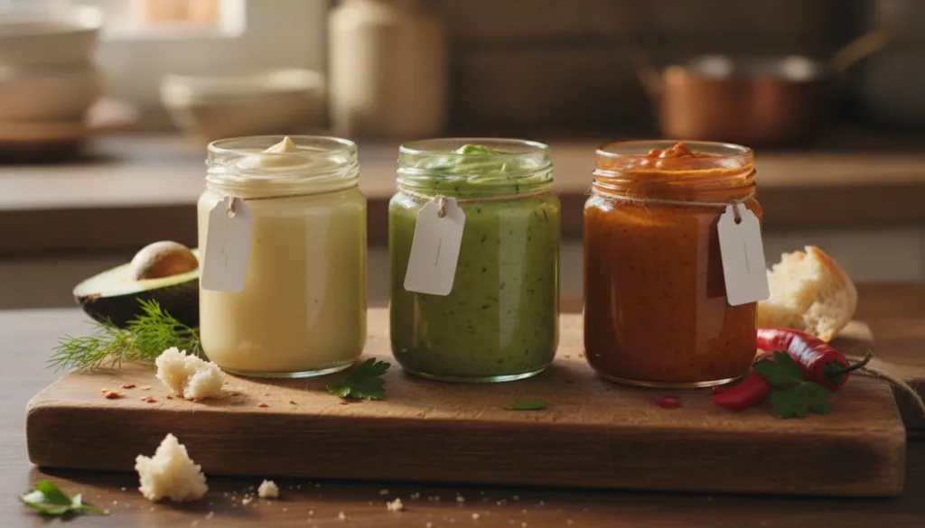 Three small glass jars of homemade mayonnaise one classic one avocado green and one vibrant red spicy mayo arranged on a