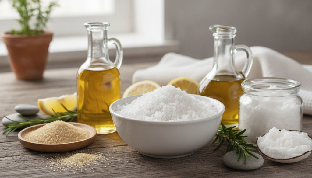 Various natural ingredients for a foot remedy including Epsom salts apple cider vinegar granulated sugar olive oil and c
