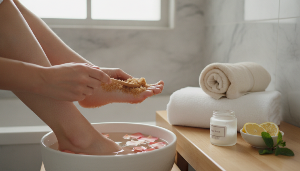 A person applying a homemade scrub to their foot in a basin showing the practical application of the home pedicure Focus