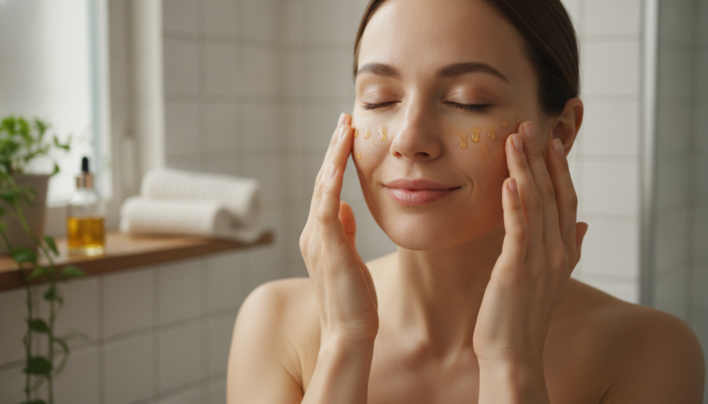 A woman gently massaging a few drops of homemade oil onto her face focusing on her cheeks and forehead with a serene exp