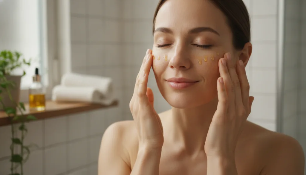 A woman gently massaging a few drops of homemade oil onto her face focusing on her cheeks and forehead with a serene exp