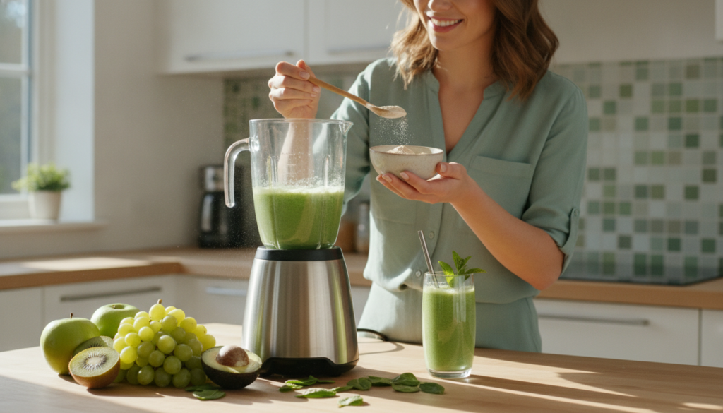 A woman adding a spoonful of homemade beauty powder into a smoothie with fresh fruits and a blender in the background su