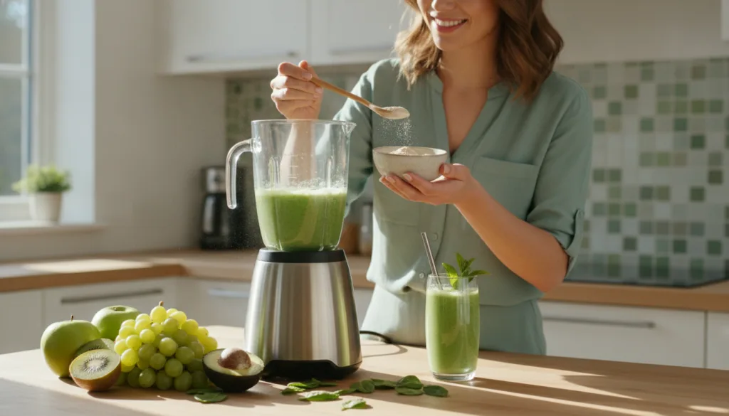 A woman adding a spoonful of homemade beauty powder into a smoothie with fresh fruits and a blender in the background su