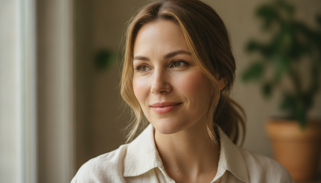 A close-up of a glowing healthy-looking woman in her 30s or 40s with clear radiant skin smiling gently showing a natural