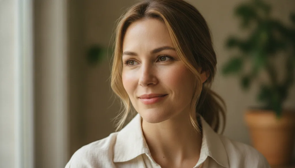 A close-up of a glowing healthy-looking woman in her 30s or 40s with clear radiant skin smiling gently showing a natural