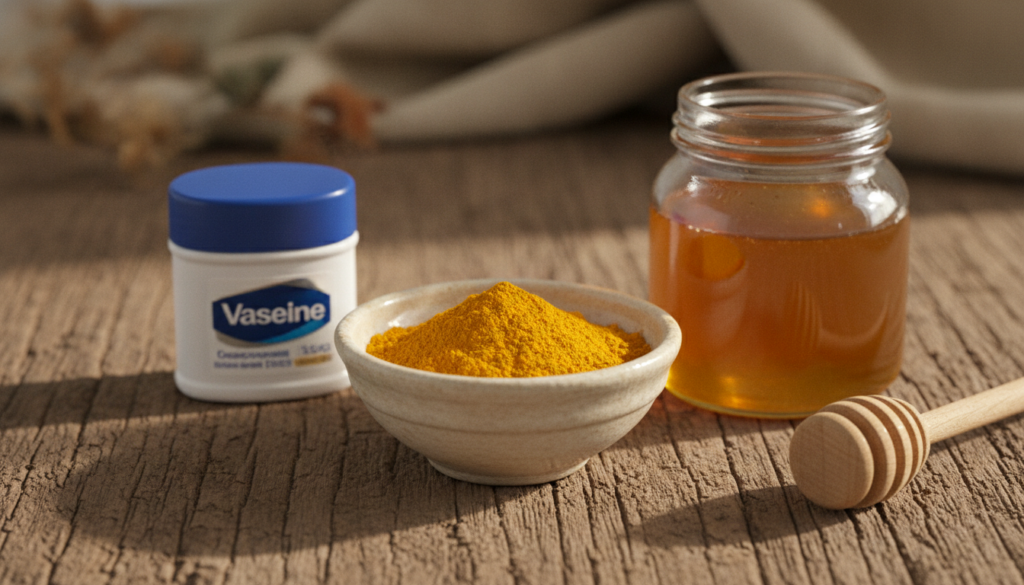 Close-up of ingredients a small jar of Vaseline a bowl of yellow turmeric powder and a jar of golden honey arranged aest