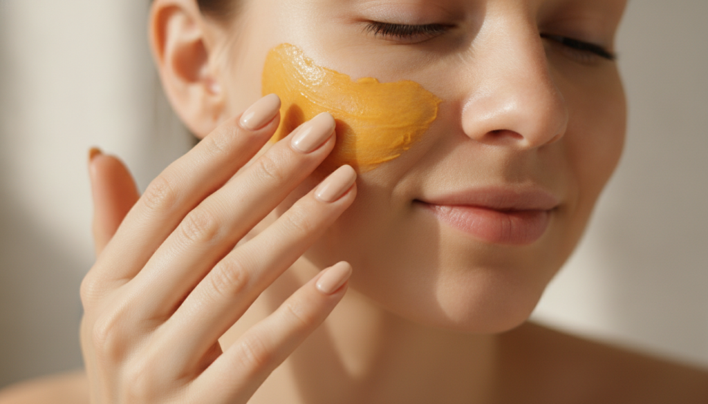 A woman s hand gently applying the yellowish-orange Vaseline turmeric and honey mask to her clean cheek with a soft focu