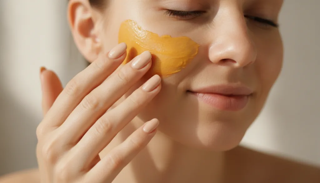 A woman s hand gently applying the yellowish-orange Vaseline turmeric and honey mask to her clean cheek with a soft focu