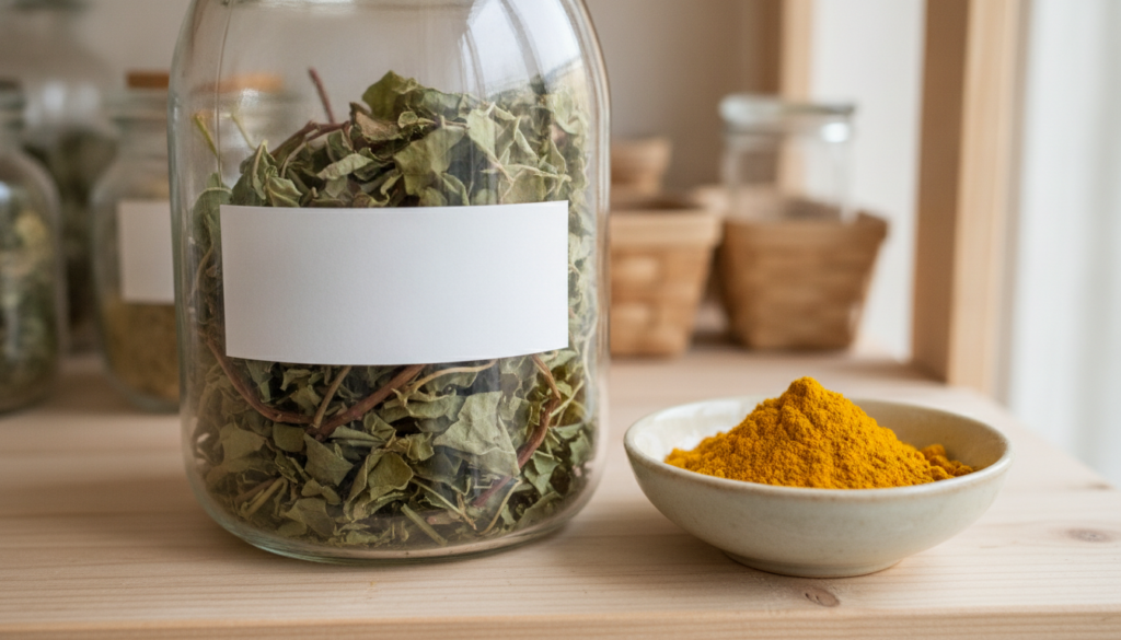 A close-up shot of dry stored purslane in a glass jar alongside dried turmeric powder in another small container both cl