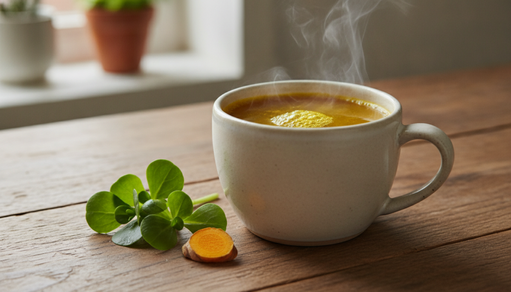 A steaming mug of golden-yellow purslane and turmeric tonic with a few fresh purslane leaves and a slice of turmeric roo