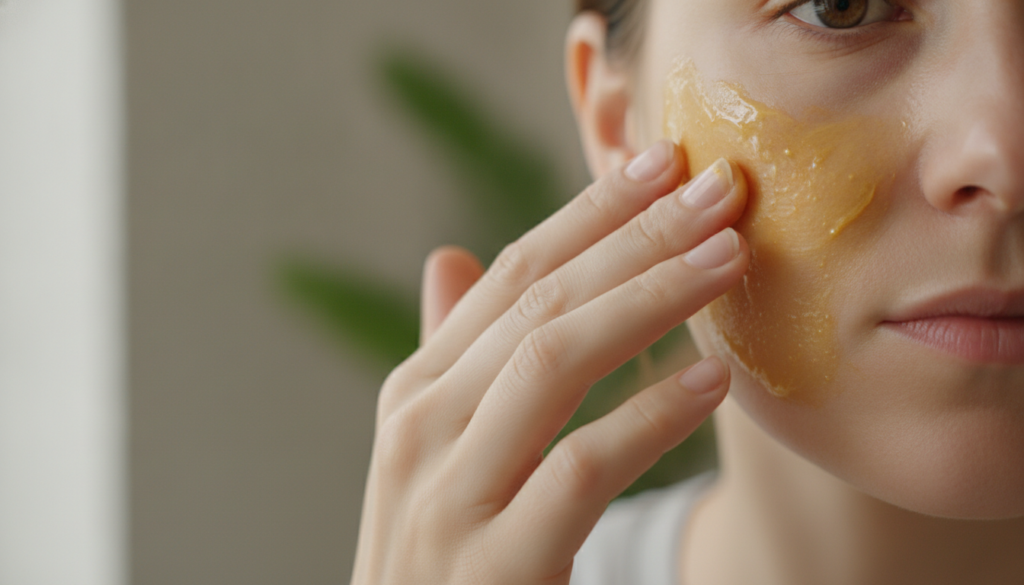A person gently applying a golden-yellow mask to their face with a focus on clean hydrated skin The background is a soft