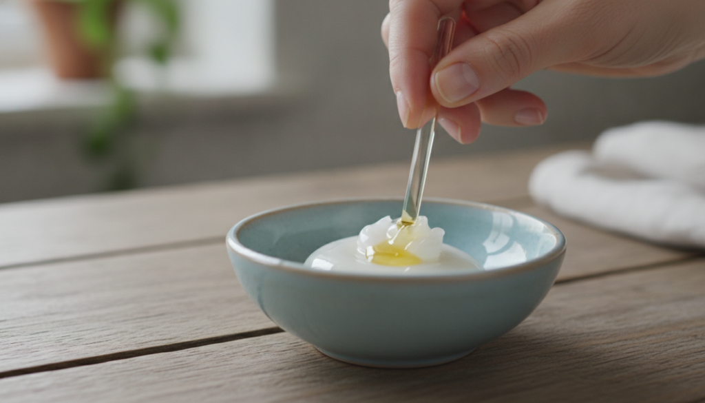 A close-up of a person s hand mixing a small amount of sweet almond oil with Vaseline in a small bowl ready to be applie