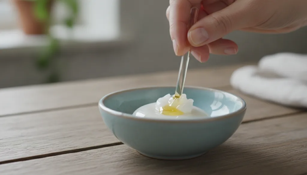 A close-up of a person s hand mixing a small amount of sweet almond oil with Vaseline in a small bowl ready to be applie