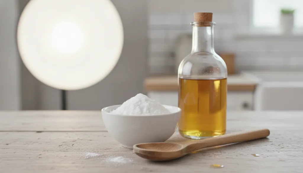 Ingredients for the foot corn remedy a bowl with baking soda a bottle of apple cider vinegar and a spoon