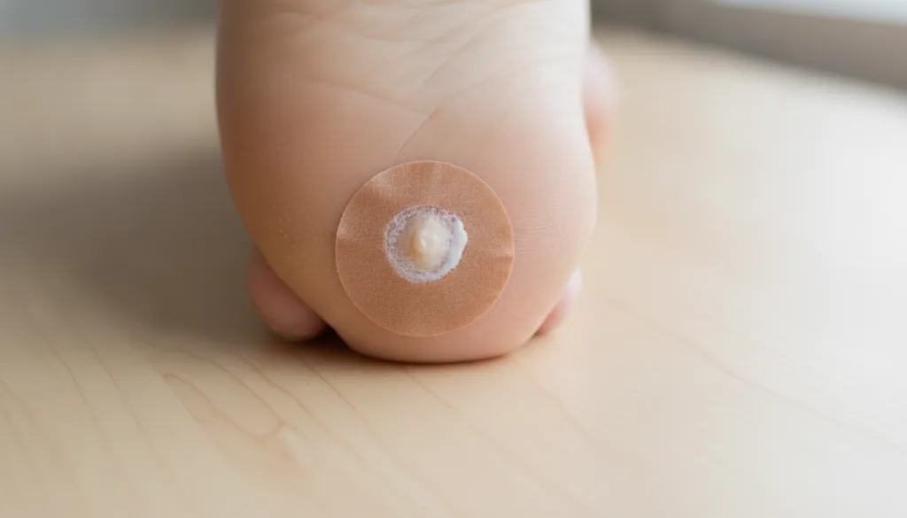 A foot with a paste applied to a corn covered by a small bandage