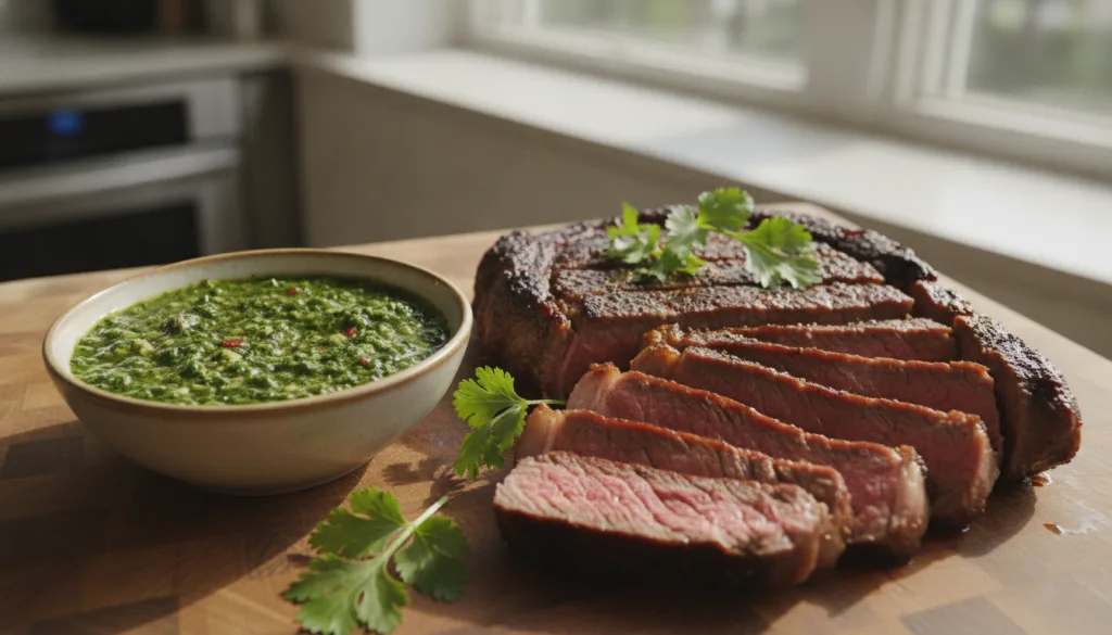 A vibrant green chimichurri sauce in a small bowl next to a perfectly cooked sliced flank steak garnished with fresh cil
