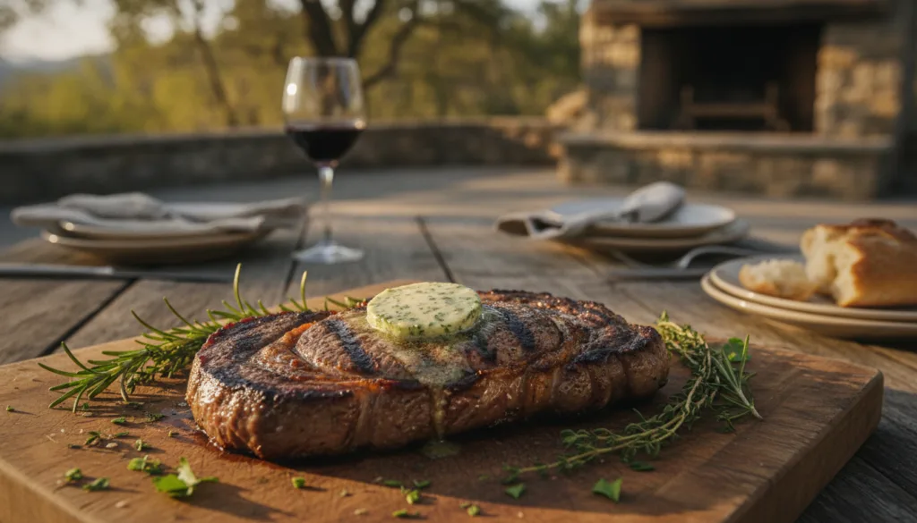 A perfectly grilled steak topped with a melting disc of garlic herb butter with fresh herbs scattered around