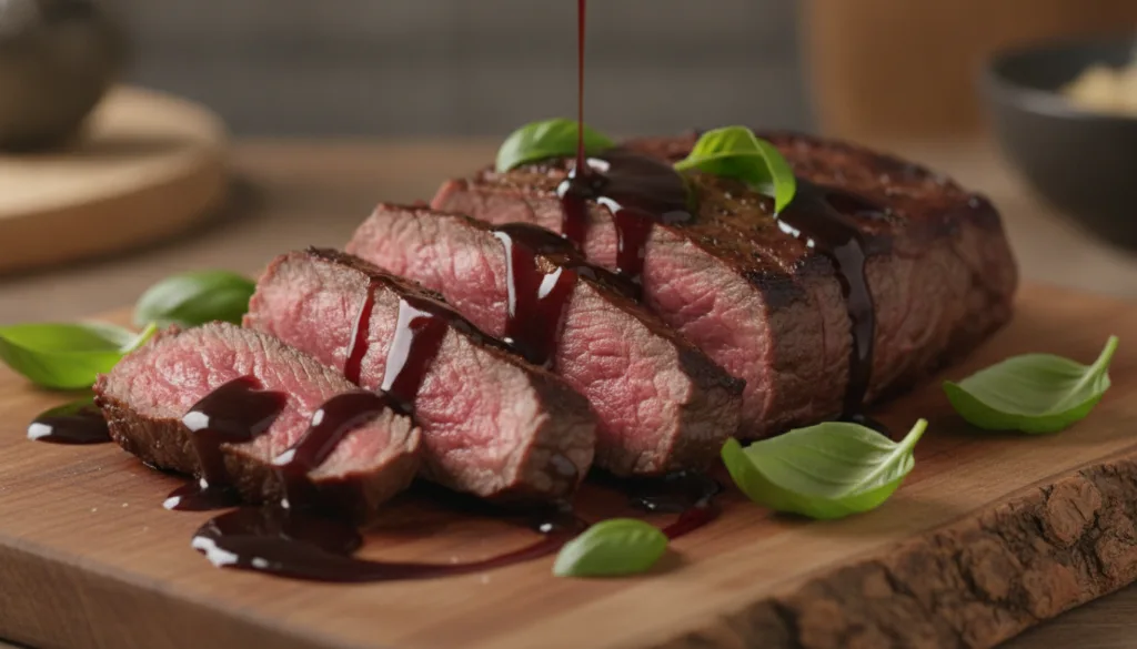 A vibrant balsamic glaze drizzled generously over a sliced steak with fresh basil leaves for garnish on a rustic wooden 