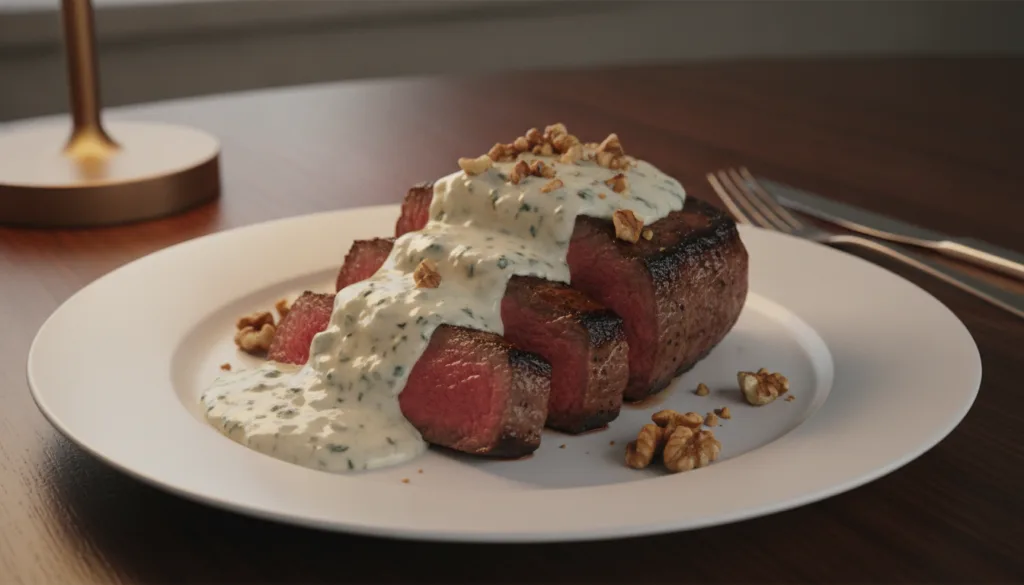A luxurious blue cheese sauce drizzled over a medium-rare steak on a white plate with a sprinkle of chopped walnuts