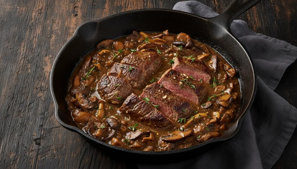 A rustic cast-iron skillet filled with a rich dark sautéed mushroom sauce with slices of steak immersed and a sprinkle o