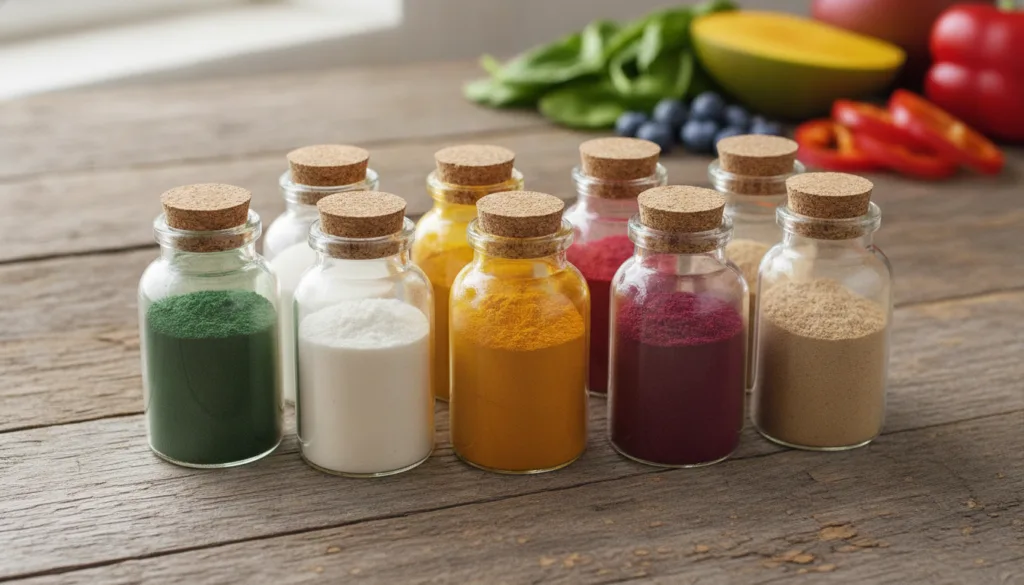 Various types of nutritional powders in small jars or bowls such as green spirulina powder white collagen powder and yel