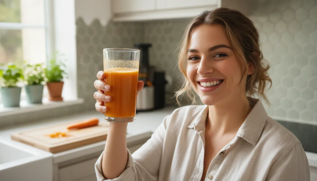 A happy person holding a glass of enhanced carrot juice smiling confidently in a bright and airy kitchen enjoying their 