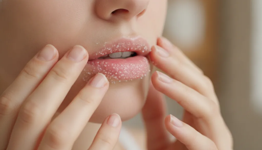 A close-up of hands applying a Vaseline and sugar lip scrub to lips The lips should appear soft and smooth after exfolia